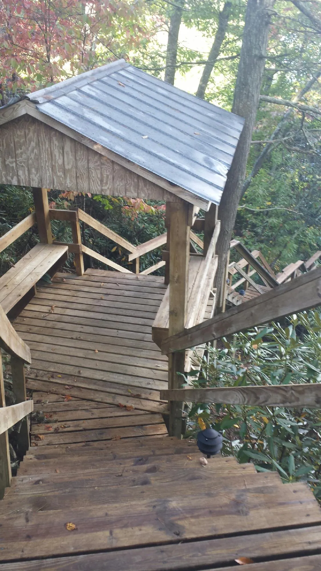 Metal roofed shelter over wooden steps on a wooded walkway — Skylight Repair & Installation work by our crew in Othello